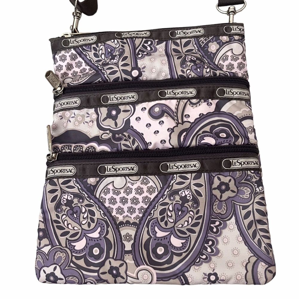 Lesportsac Everyday Crossbody Bag Purple‎ Paisley Print Zippered Pockets CUTE!